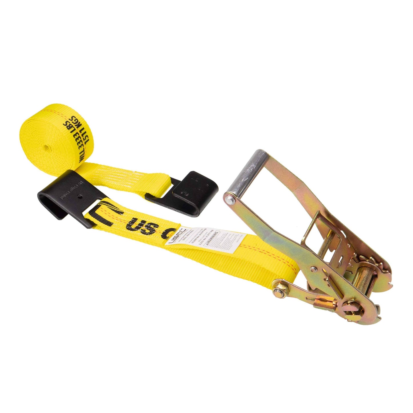 Durable 2" x 30' Yellow Ratchet Strap with Black Flat Hooks